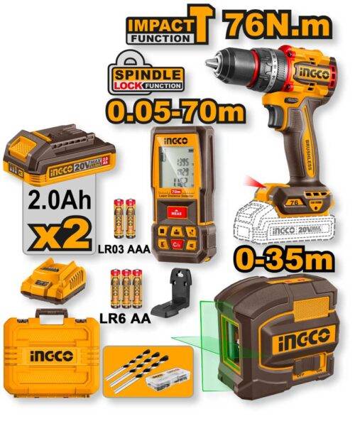 Set trapano a batteria 20V con mandrino da 76Nm, livello laser autolivellante e distanza di lavoro fino a 35 metri, include 2 batterie da 2Ah