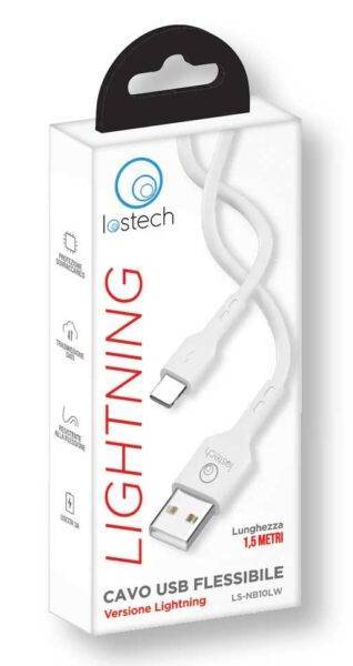 Cavo USB flessibile Lightning bianco, resistente e sicuro, lunghezza 1,5 metri, ideale per ricarica rapida di dispositivi Apple.