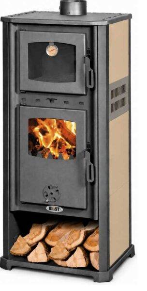 Stufa a legna in acciaio con doppia porta, con fiamme visibili e vano per legna, colore beige e nero, perfetta per riscaldamento potente, SKU: DF-ROMA-SA-BG