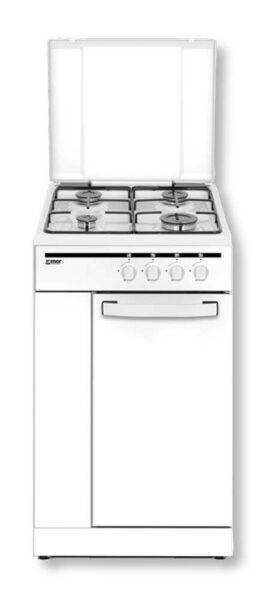 Fornello da cucina a gas bianco con quattro fuochi, piano di cottura in acciaio e manico laterale, ideale per cucine domestiche.