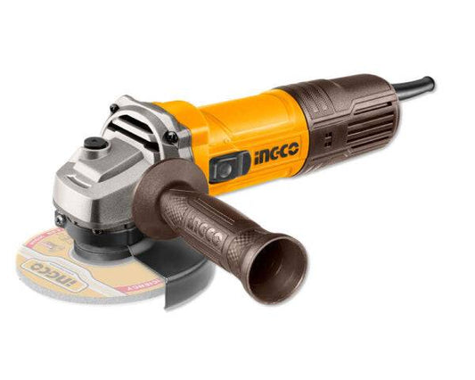 Smerigliatrice angolare da 125 mm e 900W con impugnatura ausiliaria, corpo in plastica nera e gialla, utilizzata per taglio e levigatura, SKU: I/AG90028E