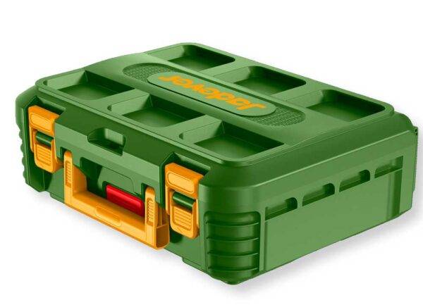 Cassetta portautensili impilabile in plastica verde con maniglie gialle e chiusure di sicurezza, dimensioni 480x320x148 mm, ideale per organizzare attrezzi da lavoro