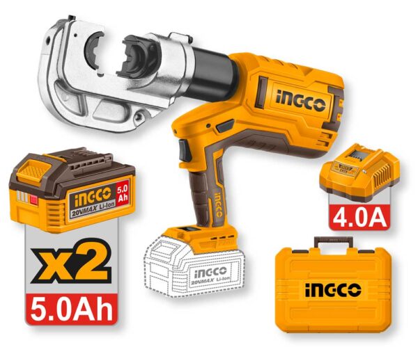 Crimpatrice idraulica a batteria 20V con corpo giallo e nero, con stampo per terminali 16-400mm², include 2 batterie 5Ah, valigetta e accessori
