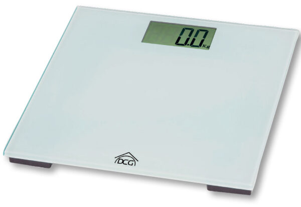 Bilancia pesapersone elettronica 150kg con superficie in vetro temperato, display LCD e funzione auto ON, ideale per monitoraggio peso domestico.