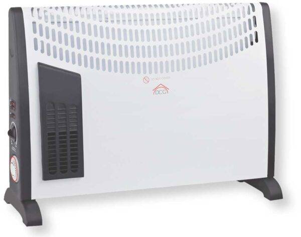 Termoconvettore bianco con griglia di ventilazione frontale e laterale, funzione di riscaldamento rapido, perfetto per ambienti interni