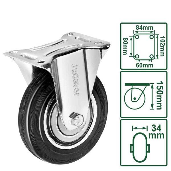 Dettaglio tecnico della ruota con dimensioni piastra 84x102mm, diametro 150mm, e foro centrale 34mm, per carrelli pesanti