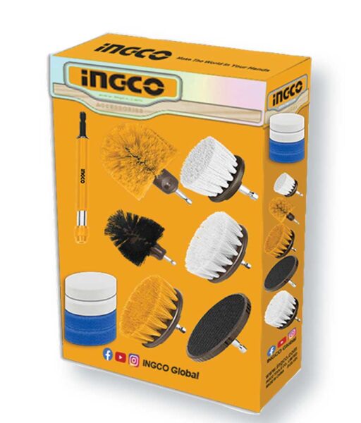 Set di 11 spazzole multiuso con gambi da 1/4, in vari colori e forme, ideali per pulizia domestica e professionale, con accessori inclusi.