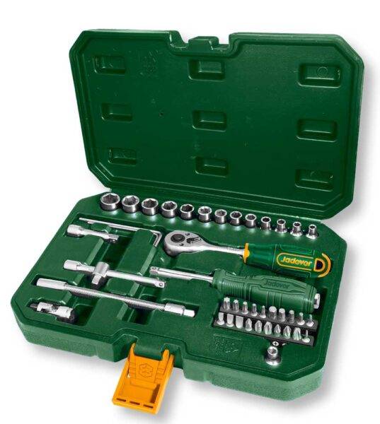 Set Chiavi a Bussola 1/4 in Valigetta Jadver da 45 pezzi con cricchetto, inserti e prolunghe per lavori di meccanica di precisione.