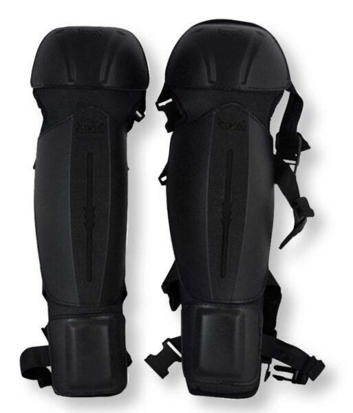 Gambali protettivi antiurto in ABS con interno morbido, taglia unica, ideali per ciclismo e sport all'aperto. Design ergonomico con chiusure regolabili.