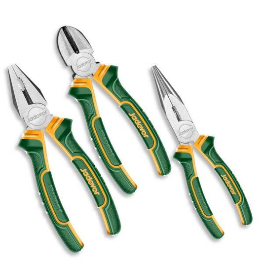 Set 3 pinze Jadever con impugnatura ergonomica: universale 18 cm, becchi lunghi 15 cm, tronchese 15 cm. Ideale per lavori di precisione e fai da te.
