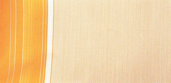 Tessuto per tende da sole in tessuto beige con strisce arancioni, materiale resistente per esterni, ideale per proteggere da sole e intemperie.