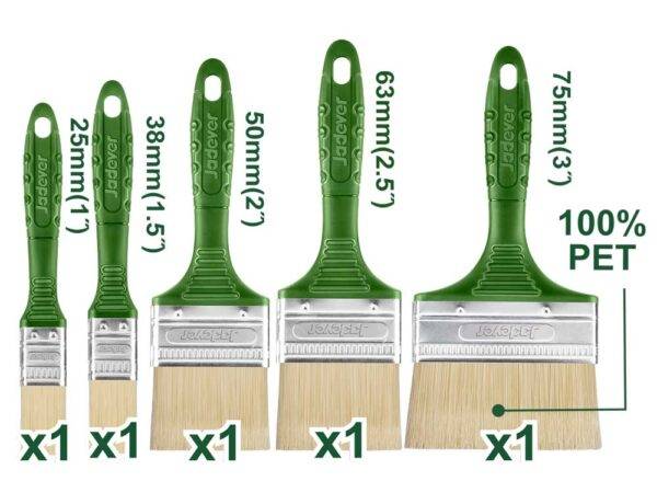 Set Pennelli PET 100% Setola Bionda in 5 Pezzi con manico verde e larghezze da 25mm a 75mm, ideale per pittura precisa e fai da te.