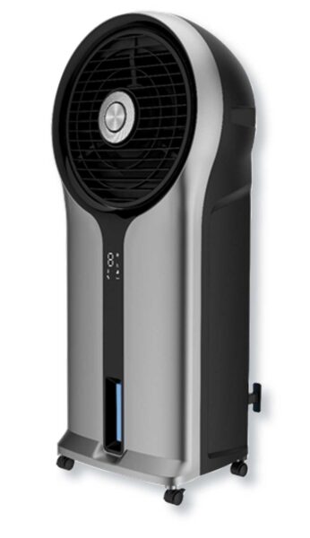 Ventilatore raffrescatore aria con telecomando 5,5lt 110W dal design moderno, dotato di ruote piroettanti e pannello comandi touch frontale. Climatizzazione portatile ideale per l'estate in ambienti domestici.