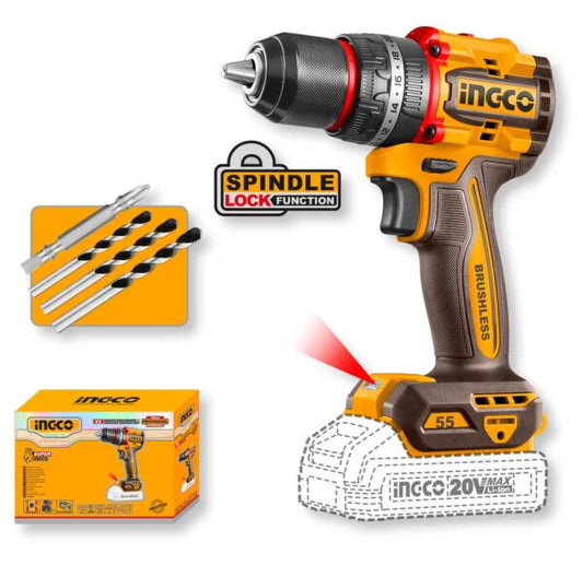 Trapano a percussione compatto senza spazzole da 20V con mandrino da 13mm, colore giallo e nero, con funzione di blocco mandrino e luci LED