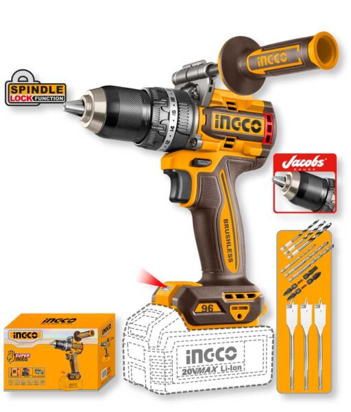 Trapano a percussione senza batteria con corpo compatto e design ergonomico, mandrino da 13mm, colore giallo e nero, modello Ingco