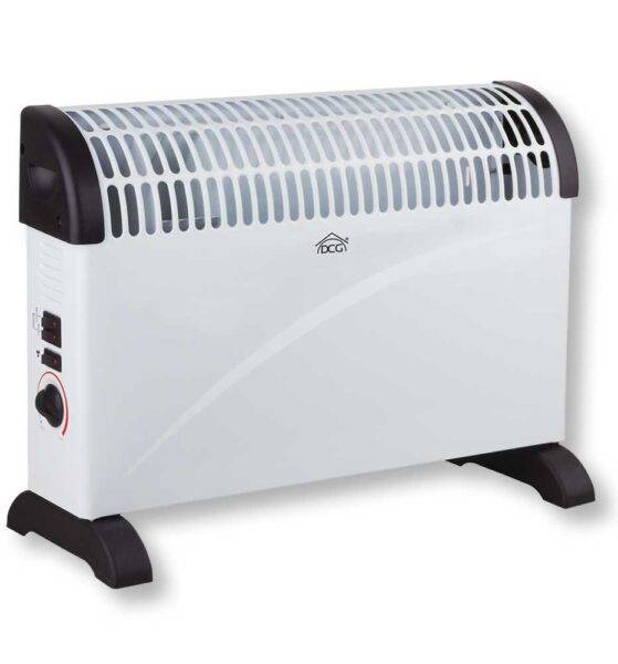 Termoconvettore elettrico bianco con griglia di ventilazione superiore, controlli laterali e piedini neri, ideale per riscaldamento domestico.
