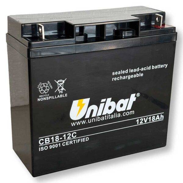 Batteria sigillata al piombo-acido ricaricabile da 12V 18Ah nera, con terminali metallici, ideale per sistemi di backup energetico, senza manutenzione