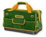 Borsa portattrezzi Jadever in tessuto poliestere verde con dettagli gialli, manici e tasche esterne, ideale per organizzare utensili.