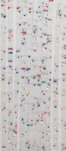 Tenda SPAGHETTO Glitter multicolor 100x220 PVC con dettagli di glitter colorati su sfondo trasparente, ideale per decorazioni festive ed eleganti.