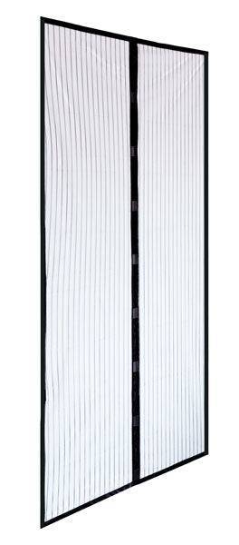 Zanzariera magnetica rinforzata Effe per porte e finestre, struttura in alluminio nero, rete bianca a righe verticali, ideale contro insetti