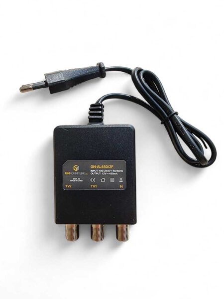 Alimentatore TV 12V 450mA con doppia uscita e connettori F per antenna, corpo nero compatto, cavo di alimentazione incluso, SKU: GN-AL450/2F