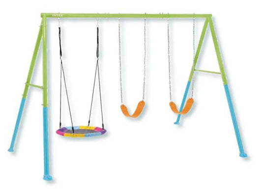 Altalena 3 in 1 Intex con struttura in acciaio galvanizzato, color verde e blu, con seggiolini, dondolo e nido ottagonale per bambini