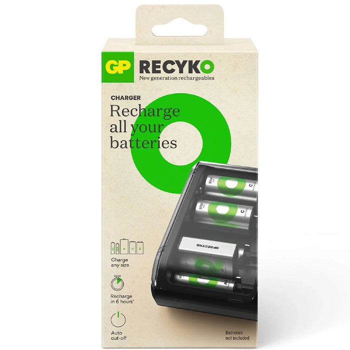 Confezione di caricatore universale Recyko con indicazioni di ricarica, compatibile con batterie AA, AAA, C, D e 9V, con manuale incluso