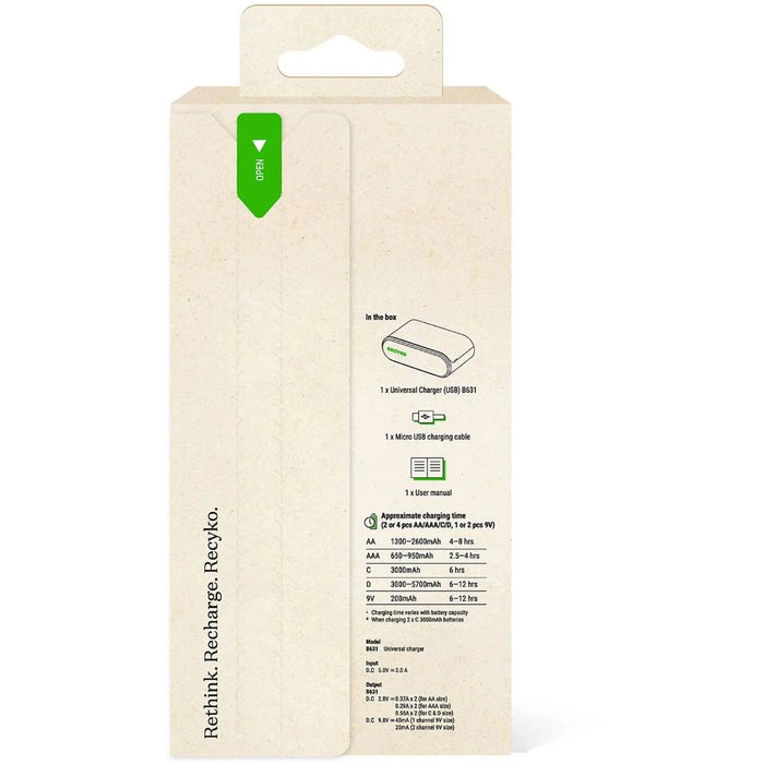 Imballaggio del caricabatterie universale Recyko B631 con dettagli tecnici e istruzioni di utilizzo, in scatola di cartone beige e verde