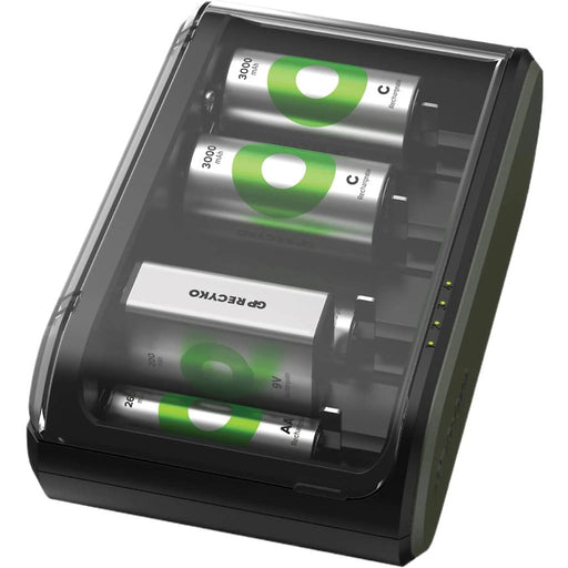 Caricabatterie universale Recyko B631 con display trasparente, compatibile con batterie AA, AAA, C, D e 9V, in plastica nera e verde