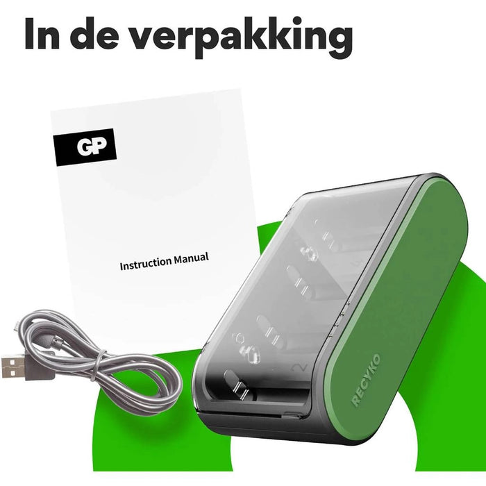 Grafica del caricabatterie Recyko con indicazioni di caricamento di batterie AA, AAA, C, D e 9V, con cavo USB incluso