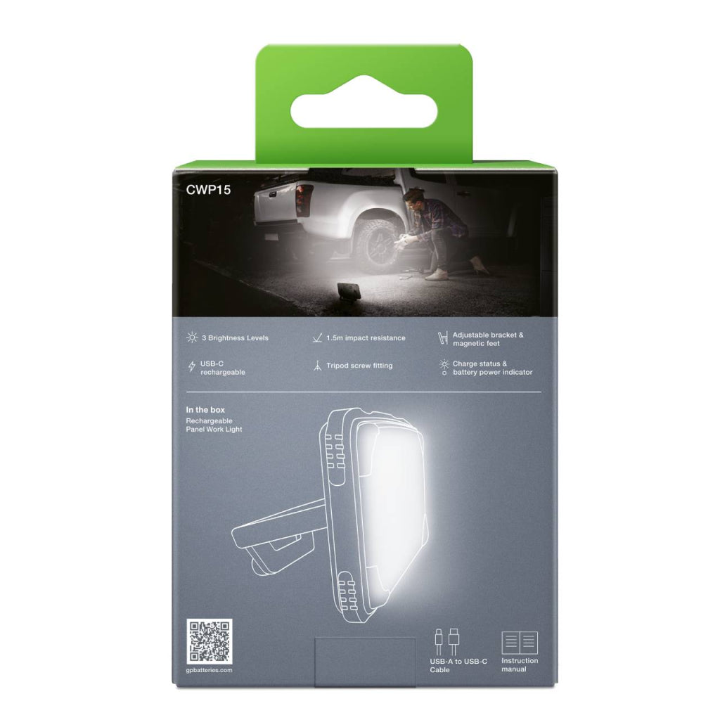 Box di imballaggio con immagine di lampada da lavoro portatile, resistente, con maniglia e indicazioni di funzionalità come ricarica USB-C e luminosità regolabile.