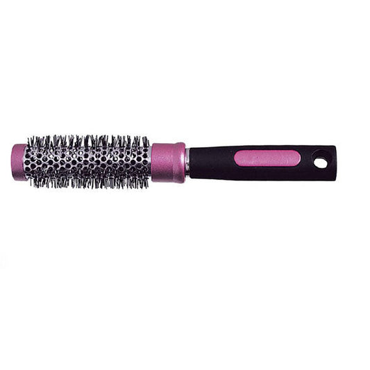 Spazzola termica diametro 26 mm con picchi in plastica neri e rosa, manico ergonomico nero con dettagli rosa, ideale per styling dei capelli.