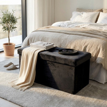 Pouf contenitore rettangolare in velluto nero 76x38x38 cm