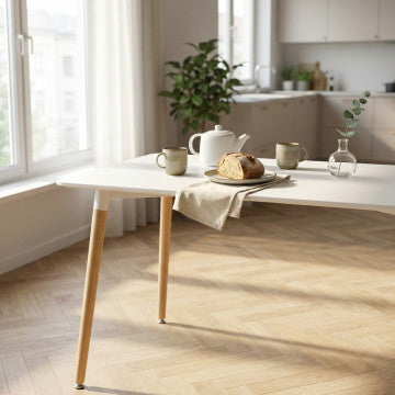 Tavolo rettangolare piano ABS bianco, gambe in legno, 120x80x75 cm