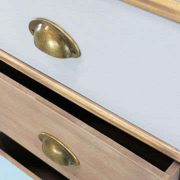 Mobiletto con struttura MDF, gambe pino, top naturale, 1 ripiano e 6 cassetti