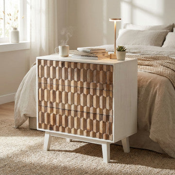 Mobile bianco con 3 cassetti in legno, decoro naturale, 88x45x89 cm