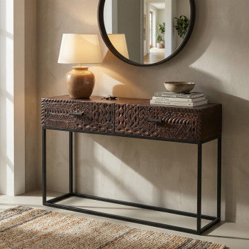 Consolle in legno di mango con decoro wengé e struttura in ferro