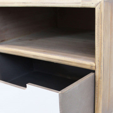 Porta TV MDF con gambe legno pino, 3 ripiani 3 cassetti, 120x35,5x29,5 cm
