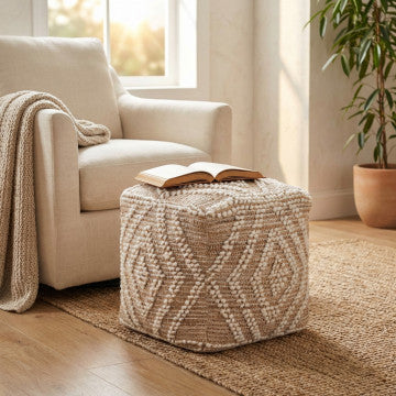 Pouf quadrato 40x40x40 cm in lana avorio con base juta
