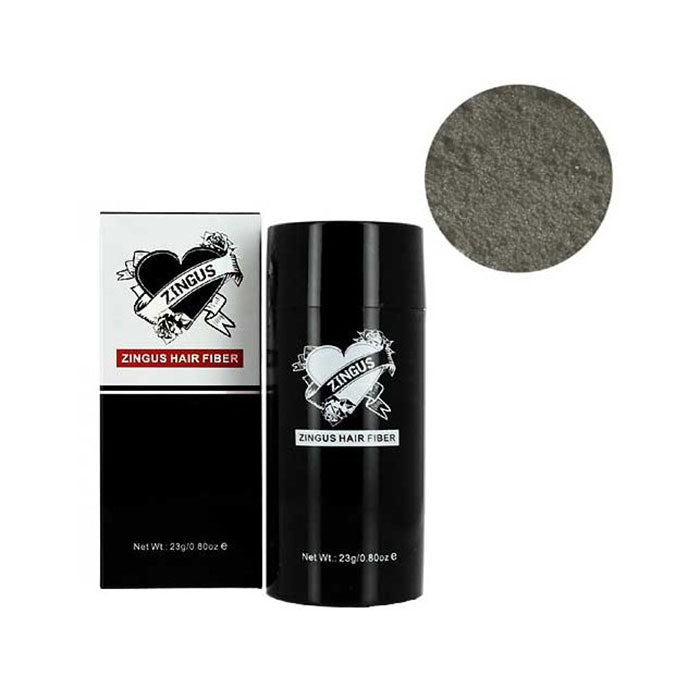 Fibra capillare grigia Zingus Hair Fiber in contenitore nero da 23 g, con scatola bianca e dettaglio colore grigio scuro, ideale per densificare i capelli.