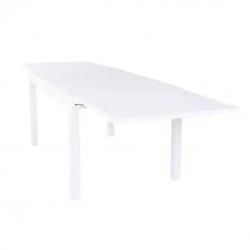 Tavolo da giardino Hawaii allungabile in alluminio bianco completamente esteso, misura 270 x 90 cm, perfetto per spazi esterni ampi.