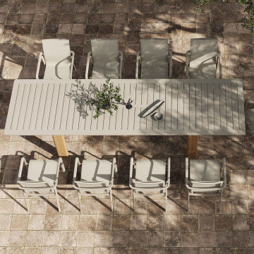 Tavolo alluminio verniciato grigio con gambe effetto legno 233-296x100x76 cm