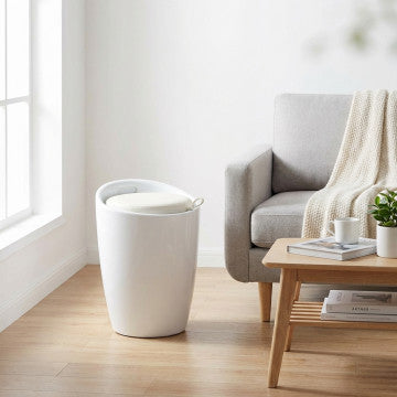Sgabello pouf in ABS con cuscino in ecopelle, colore bianco