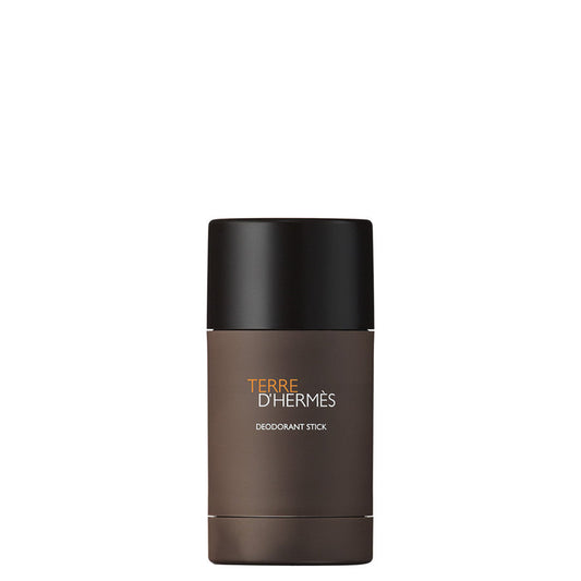 Deodorante stick Hermes Terre D'Hermès in formato da 75 ml, contenitore cilindrico in nero e marrone opaco, ideale per cura personale e freschezza quotidiana.