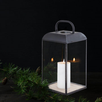 Lanterna antracite in metallo e vetro con base in legno 44 cm