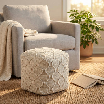Pouf quadrato 40x40x40 cm in lana e juta colore bianco avorio