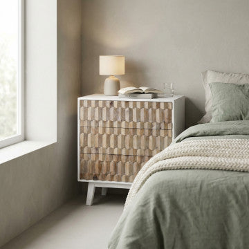 Mobile bianco con 3 cassetti in legno, decoro naturale, 88x45x89 cm