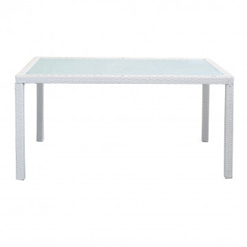 Tavolo da giardino Azore 150 x 90 cm in wicker bianco con piano in vetro, design rettangolare adatto a spazi esterni raffinati.