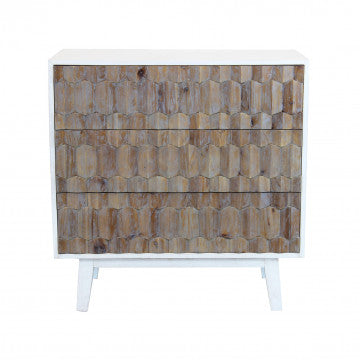 Mobile bianco con 3 cassetti in legno, decoro naturale, 88x45x89 cm