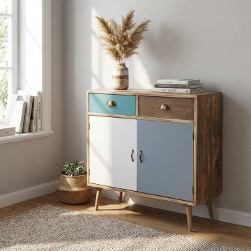 Mobiletto in MDF e legno di pino con 2 ante e 2 cassetti colorati